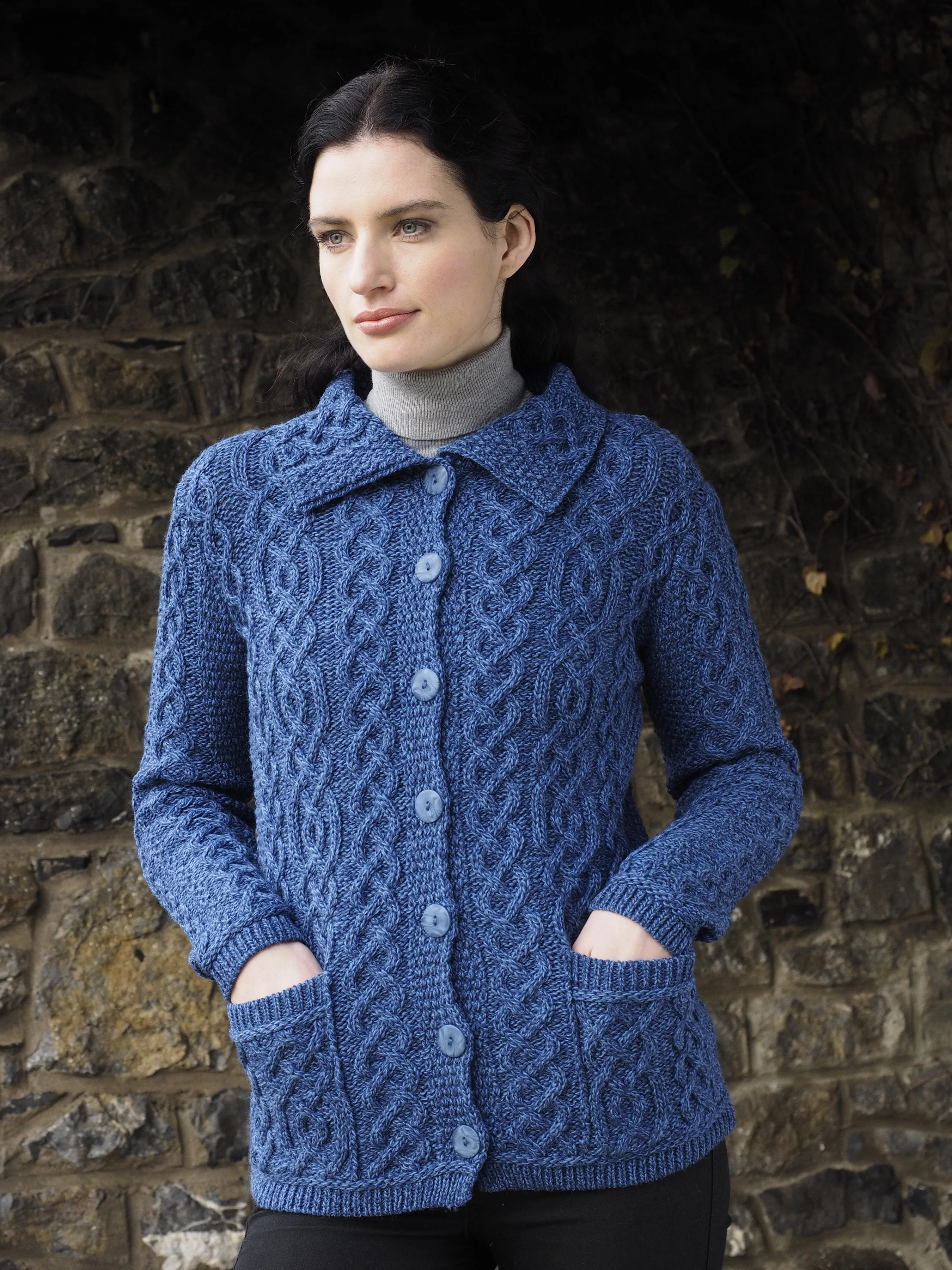 Aran Buttoned Collar Cardigan | Clearance