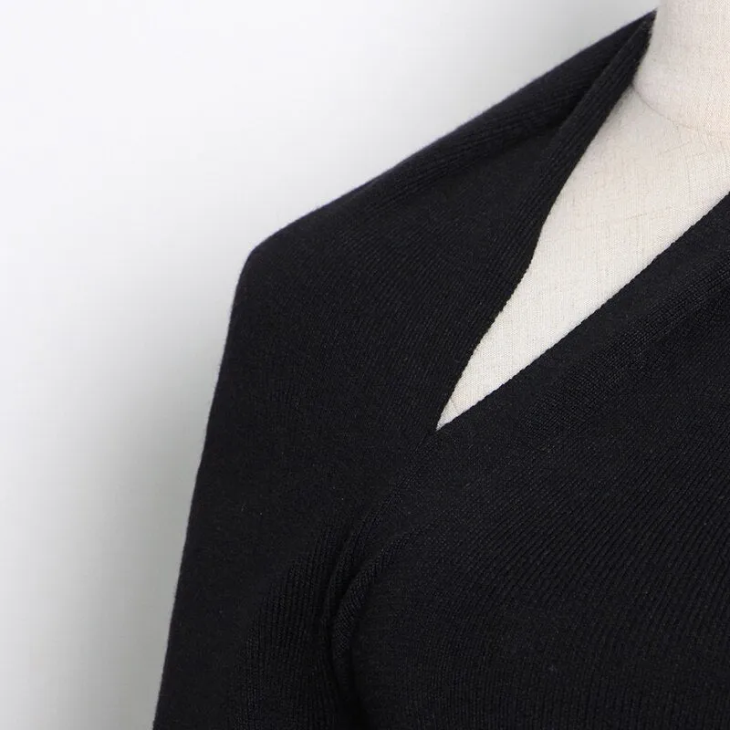 ASHORE Shop Black Sweater For Women Irregular Collar Long Sleeve One Off Shouder Hollow Out Knitted Sweaters Female