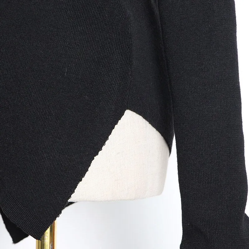 ASHORE Shop Black Sweater For Women Irregular Collar Long Sleeve One Off Shouder Hollow Out Knitted Sweaters Female