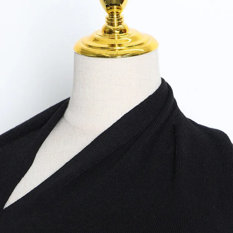 ASHORE Shop Black Sweater For Women Irregular Collar Long Sleeve One Off Shouder Hollow Out Knitted Sweaters Female