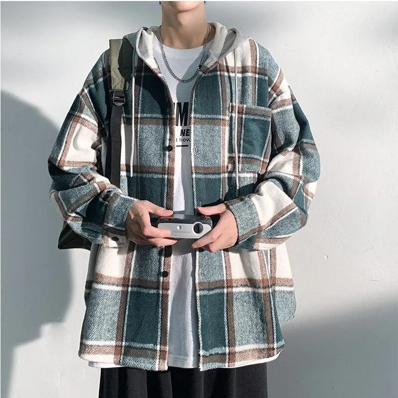 Autumn New College Style Plaid Hooded Jacket Men Loose Fashion Women's Hoodie Woolen Fabric Male Korean Couple Woolen Coat 2023