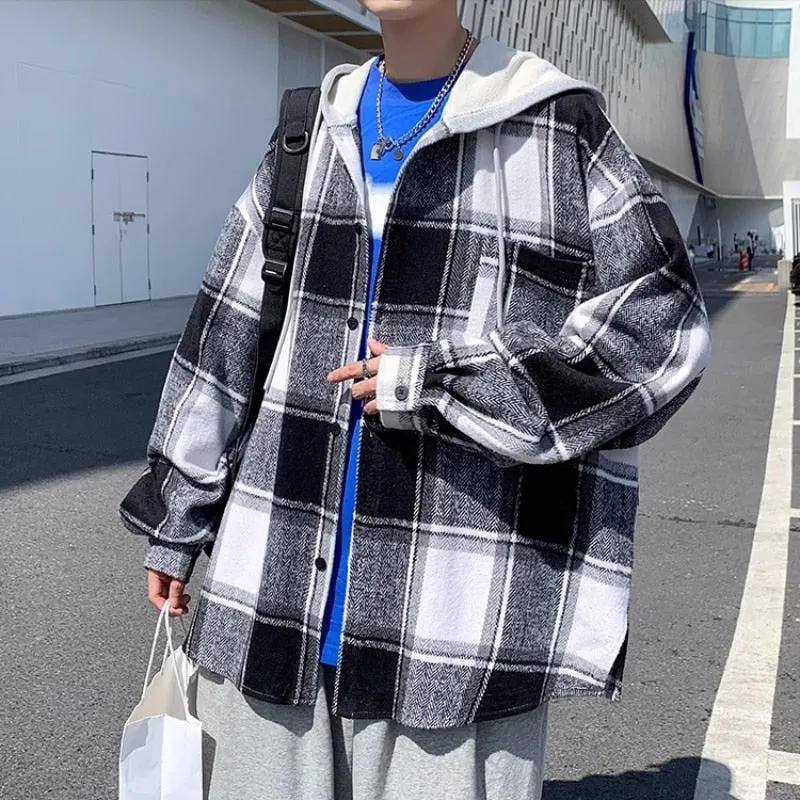 Autumn New College Style Plaid Hooded Jacket Men Loose Fashion Women's Hoodie Woolen Fabric Male Korean Couple Woolen Coat 2023