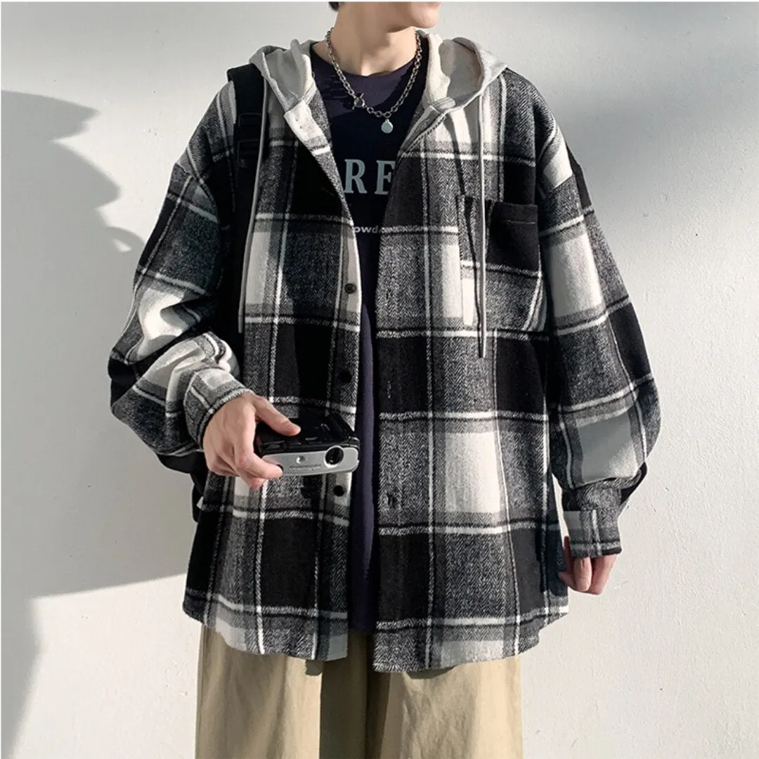 Autumn New College Style Plaid Hooded Jacket Men Loose Fashion Women's Hoodie Woolen Fabric Male Korean Couple Woolen Coat 2023