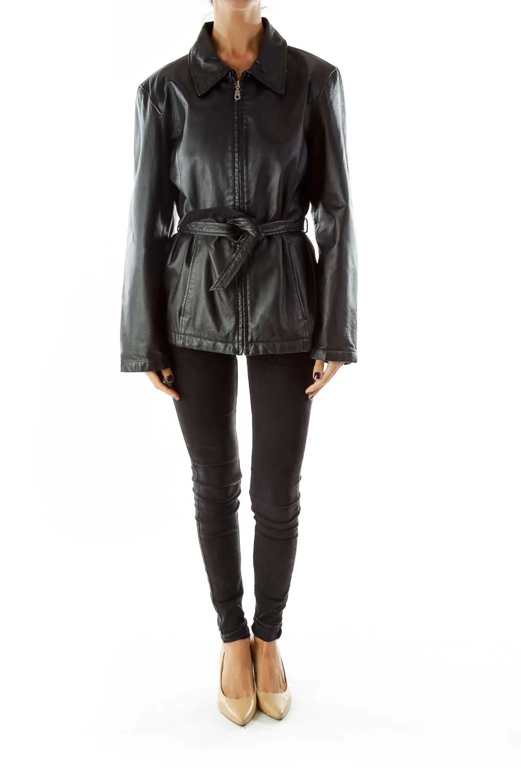 Black Belted Genuine Leather Jacket