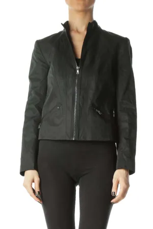 Black Zippered Pocketed Slight Shine Jacket
