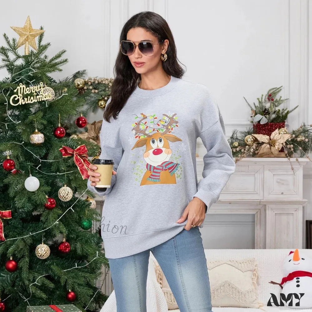 Christmas Deer Print Crew Neck Hoodie