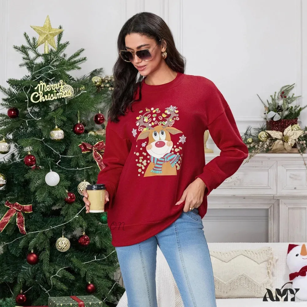 Christmas Deer Print Crew Neck Hoodie