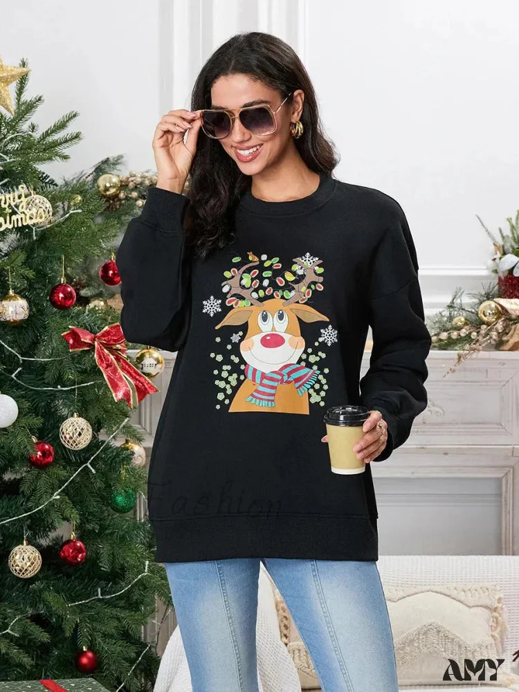 Christmas Deer Print Crew Neck Hoodie