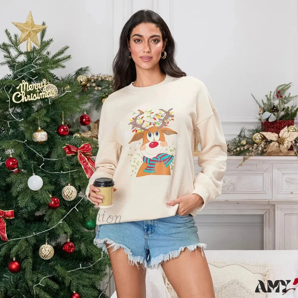 Christmas Deer Print Crew Neck Hoodie