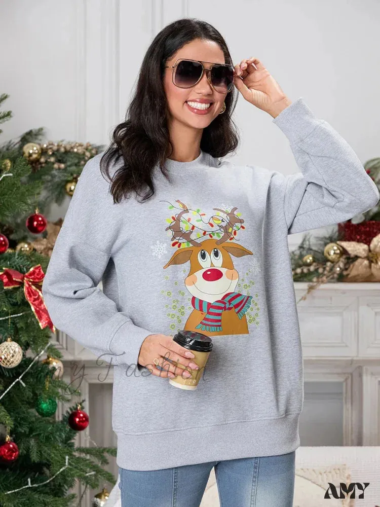 Christmas Deer Print Crew Neck Hoodie