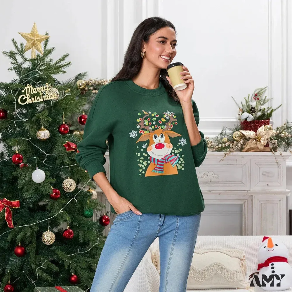 Christmas Deer Print Crew Neck Hoodie