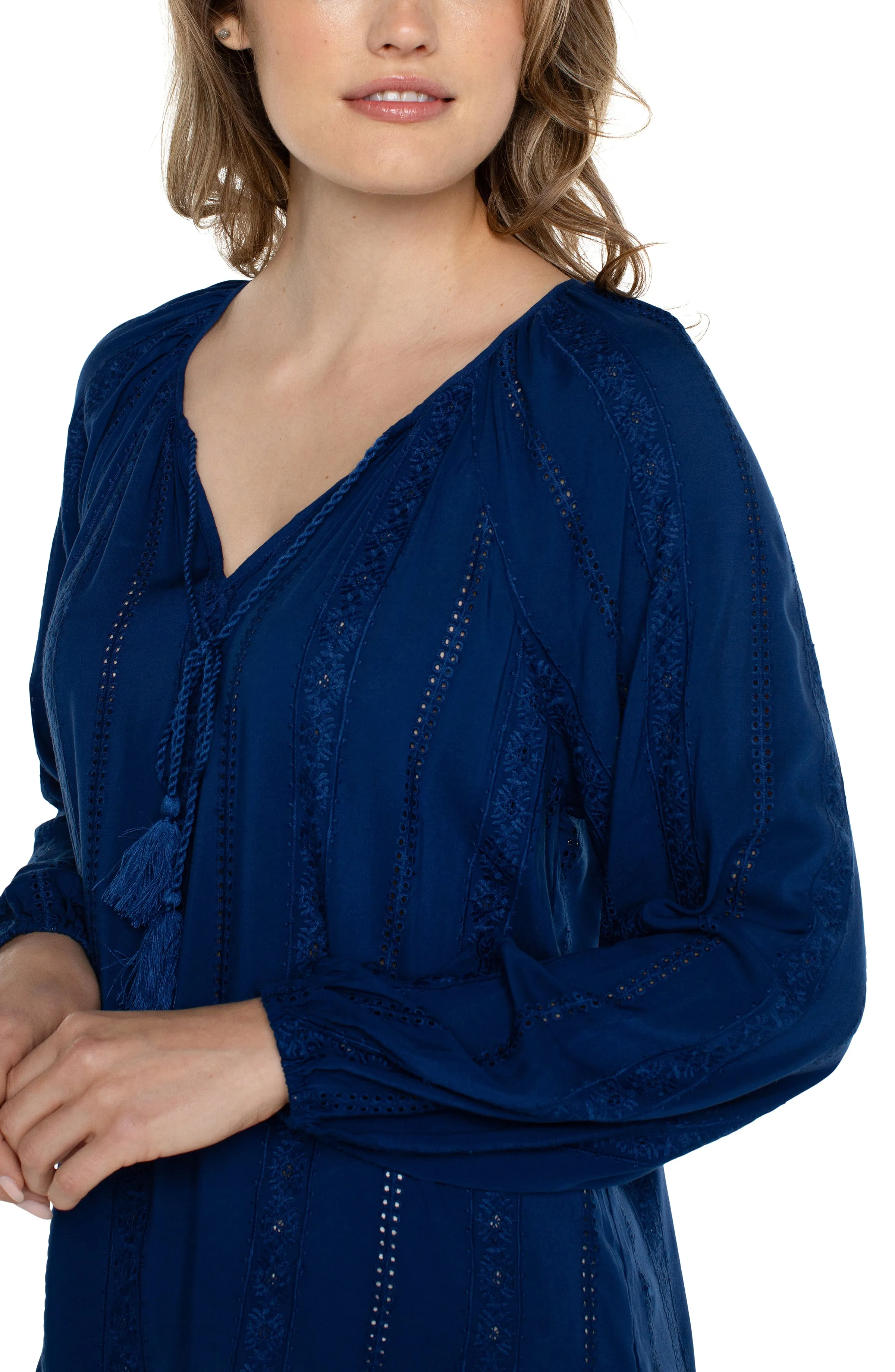 EMBROIDERED SHIRRED BLOUSE WITH NECK TIES