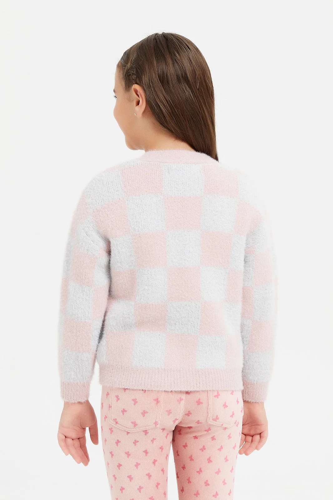 Girls Grey And Pink Checkered Cardigan