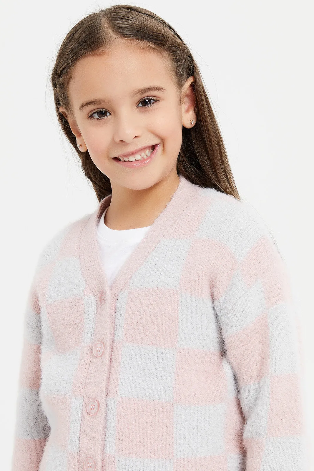 Girls Grey And Pink Checkered Cardigan