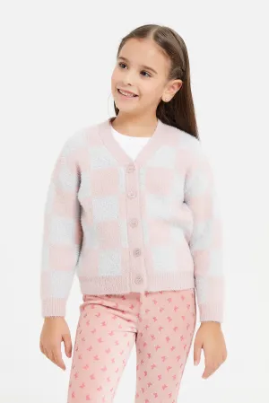 Girls Grey And Pink Checkered Cardigan