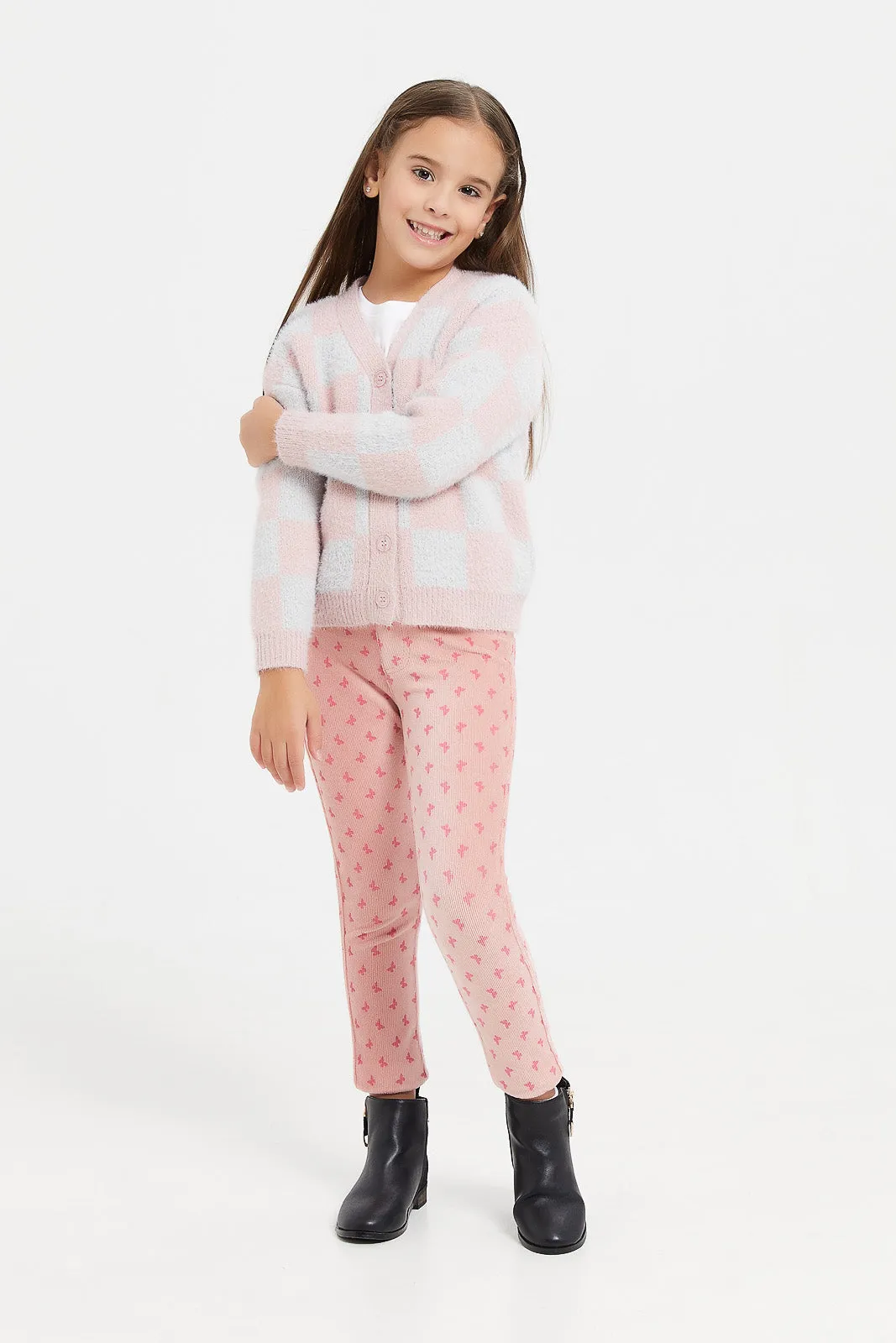 Girls Grey And Pink Checkered Cardigan