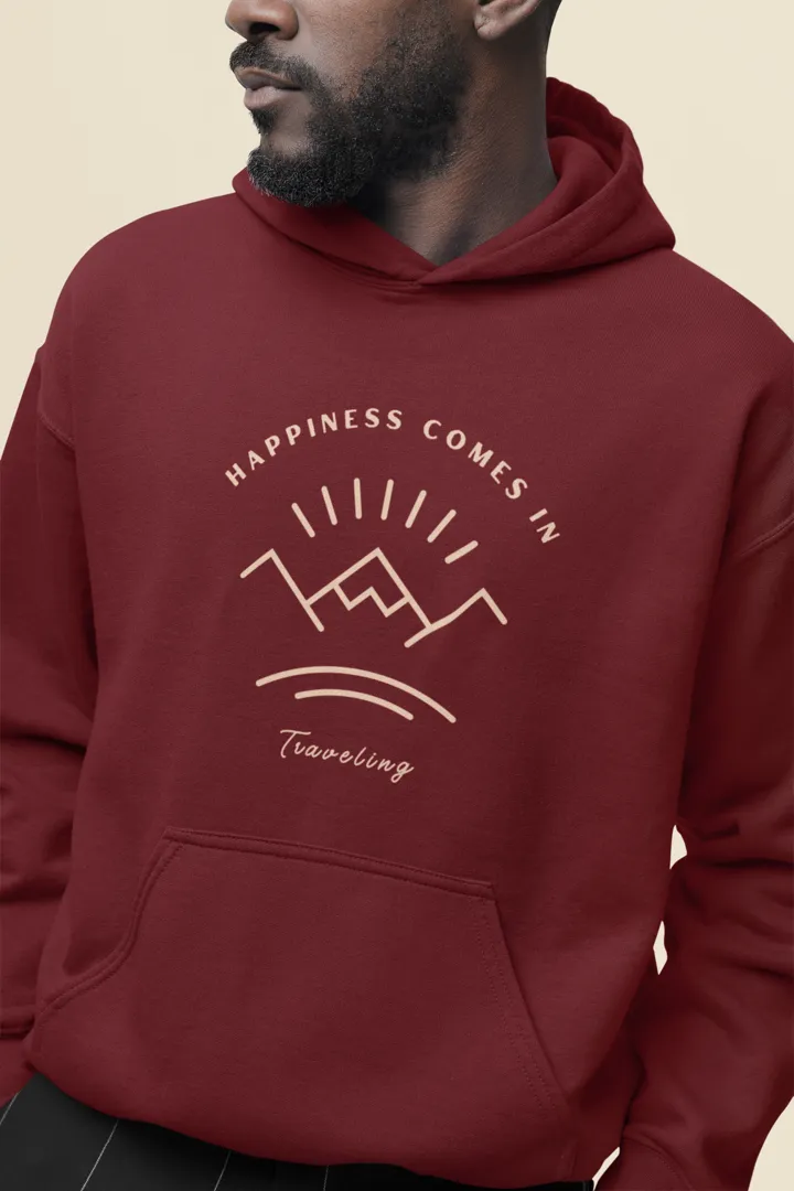 Happiness Comes in Traveling Adventure Inspired Maroon Hoodie