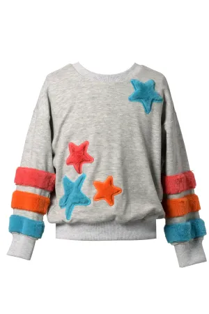 Little Girl's Faux Fur Star Striped Pullover Sweatshirt