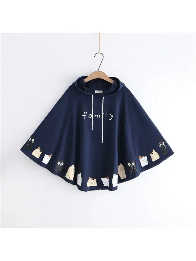 Metaversmall Women Cloak Outerwear Cartoon Cat Print With Ears On Hood Hoodies Coat Pullover Poncho Jacket  Hooded