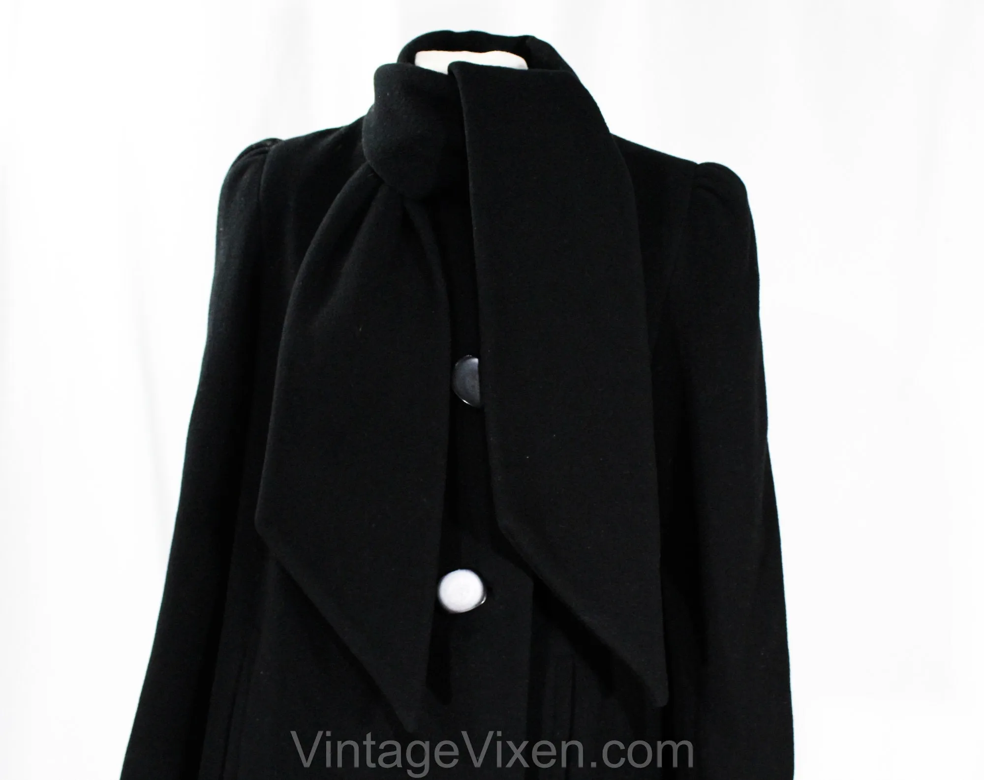 Size 10 Black Winter Coat - Designer 80s Overcoat by Pauline Trigere with Muffler Neckline - Long Heavy Tailored Cold Weather - Bust 39
