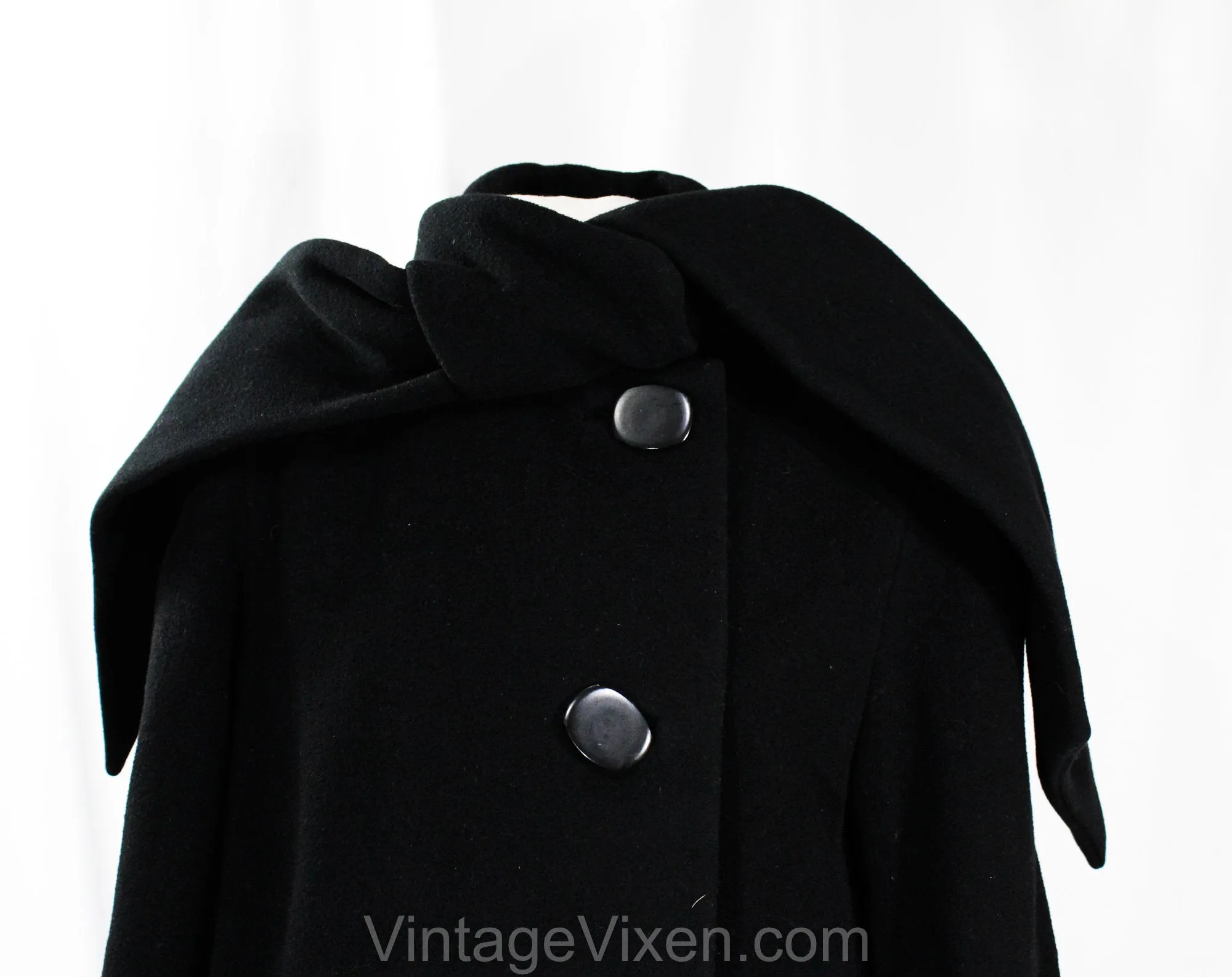 Size 10 Black Winter Coat - Designer 80s Overcoat by Pauline Trigere with Muffler Neckline - Long Heavy Tailored Cold Weather - Bust 39