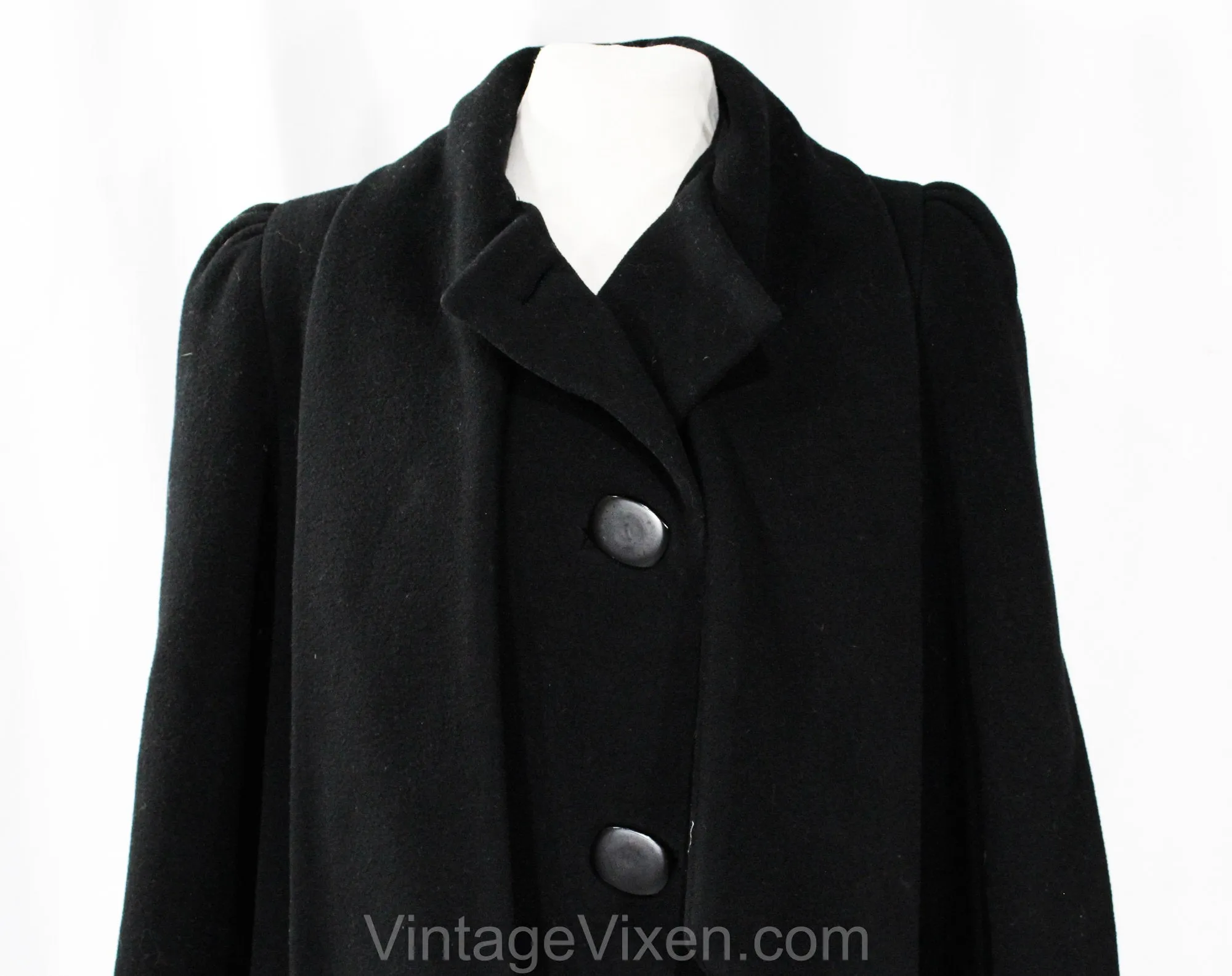 Size 10 Black Winter Coat - Designer 80s Overcoat by Pauline Trigere with Muffler Neckline - Long Heavy Tailored Cold Weather - Bust 39