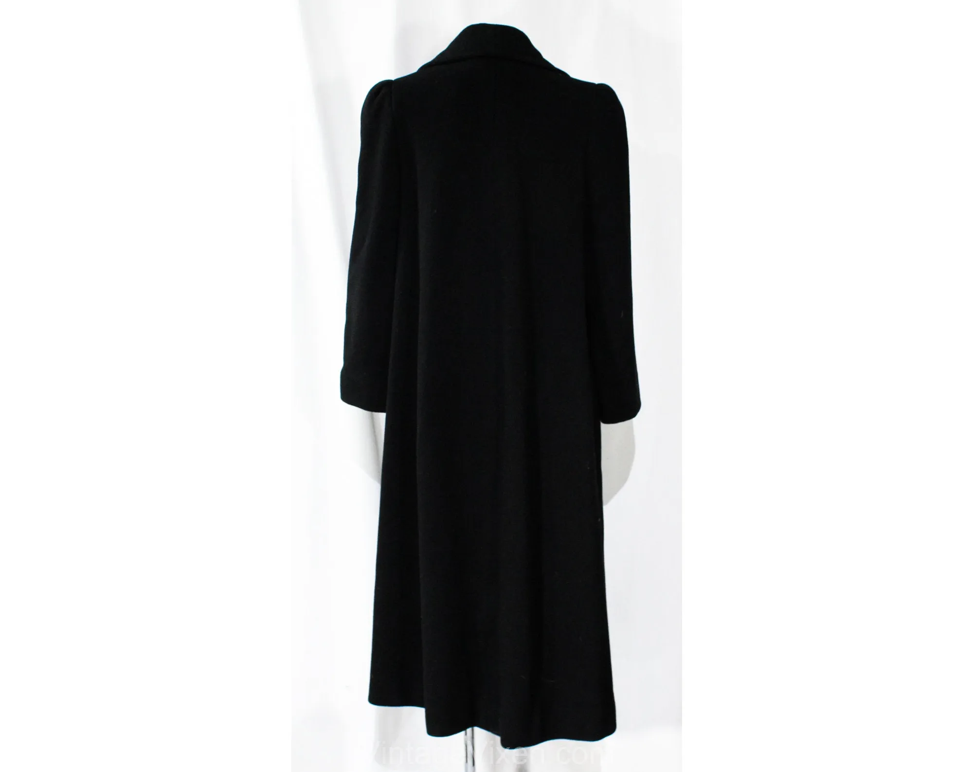 Size 10 Black Winter Coat - Designer 80s Overcoat by Pauline Trigere with Muffler Neckline - Long Heavy Tailored Cold Weather - Bust 39