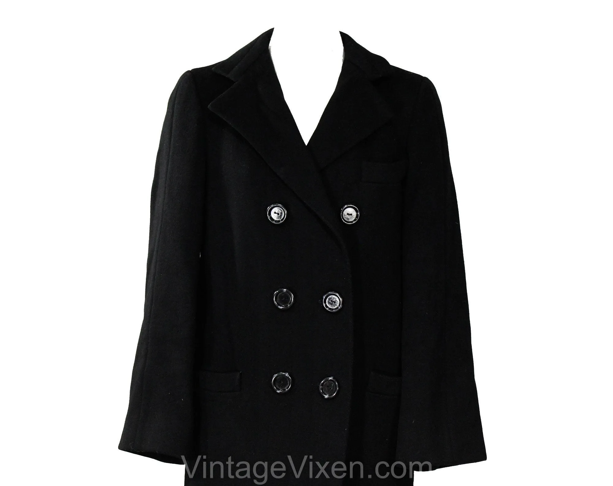 Size 10 Black Winter Coat - Elegant Designer 80s Overcoat by Pauline Trigere - Double Breasted Long Heavy Tailored Cold Weather - Bust 36