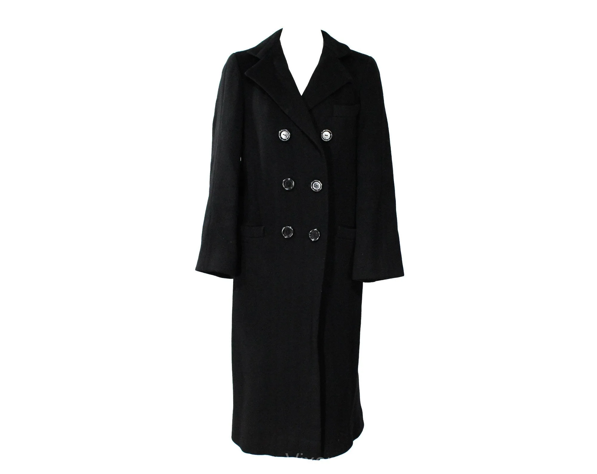 Size 10 Black Winter Coat - Elegant Designer 80s Overcoat by Pauline Trigere - Double Breasted Long Heavy Tailored Cold Weather - Bust 36