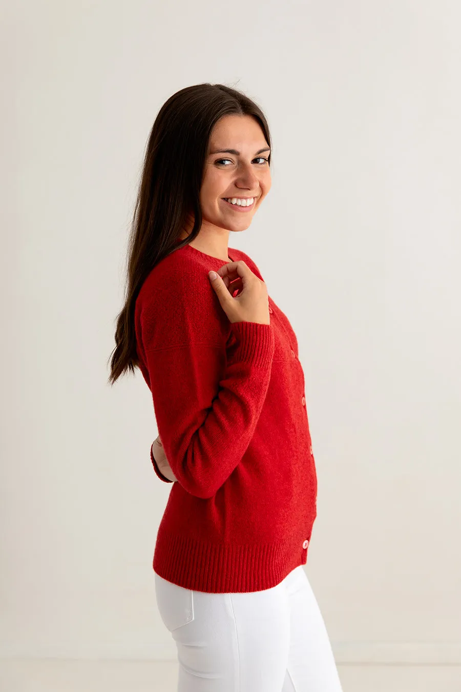 Womens Geelong Superfine Lambswool Gansey Cardigan - Red